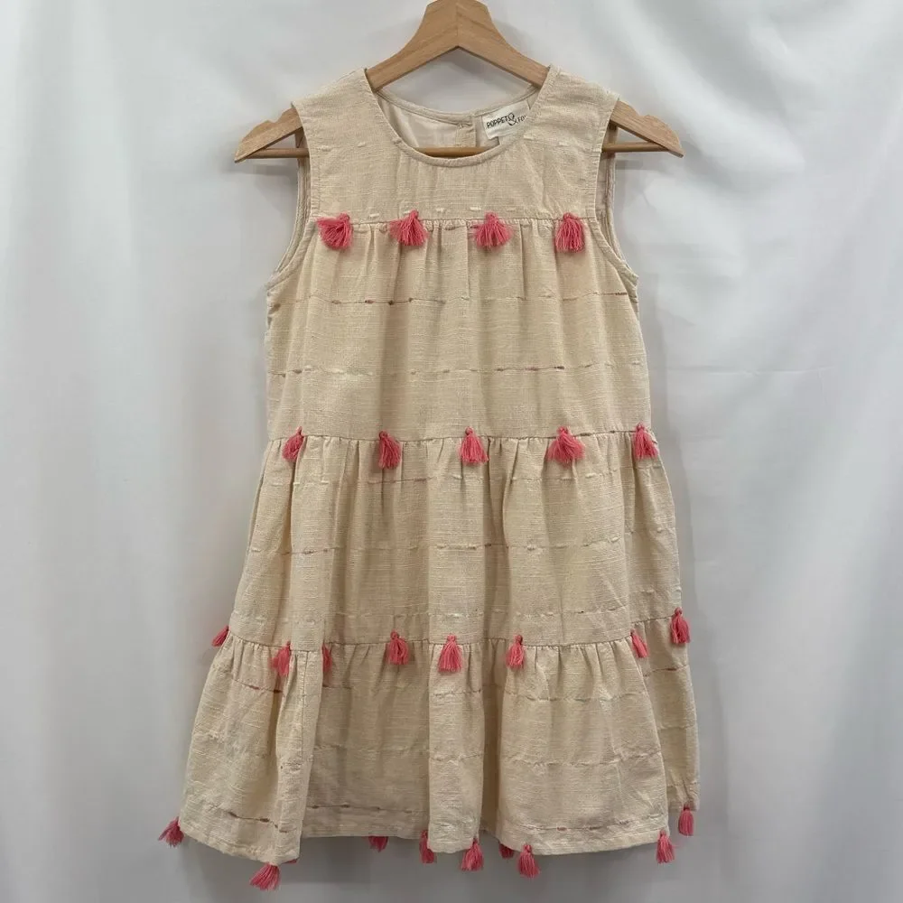 Poppet & Fox Girls Tiered 100% Cotton Tassel Dress in Cream | Size 10